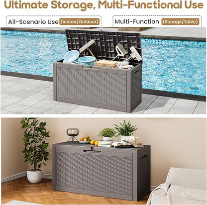 Outdoor Storage Box, 60 Gallon Resin Deck Boxes Outdoor Waterproof For Patio Furniture, Garden Tools, Pool Supplies, Lockable And UV Resistant (Rattan Gray)