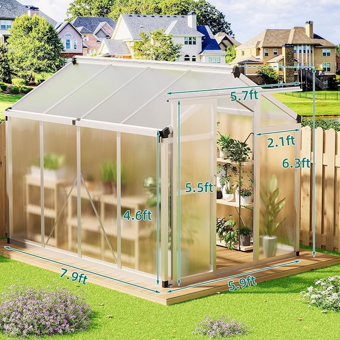 Garvee 6x8ft Walk-in Greenhouse, Heavy Duty Large Outdoor Green House | Polycarbonate Garden Greenhouse with Roof Vent, Lockable Smooth-Gliding Sliding Door & Aluminium Frame for Backyard, Sliver