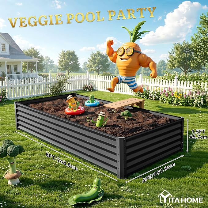YITAHOME 8x4x1.5 ft Galvanized Raised Garden Bed Kit, Large Metal Planter Box with Gloves, Safety Rubber & Support Rod, Outdoor Flower Bed for Plants Vegetables, Black