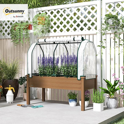 Outsunny Raised Garden Bed with PE Greenhouse Cover Outdoor Elevated Wood Planter Box for Herbs and Vegetables, Use for Patio, Backyard, Balcony, 48 x 22 x 46 inch, Brown