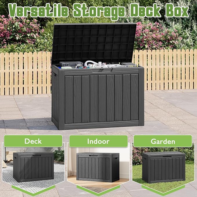 Outdoor Storage Box, 50 Gallon Deck Box with Lockable Lid, Waterproof Resin Storage Bin for Cushions, Garden Tools, Patio Furniture, Black