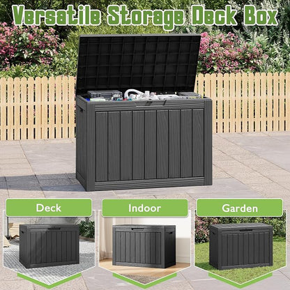 Outdoor Storage Box, 50 Gallon Deck Box with Lockable Lid, Waterproof Resin Storage Bin for Cushions, Garden Tools, Patio Furniture, Black
