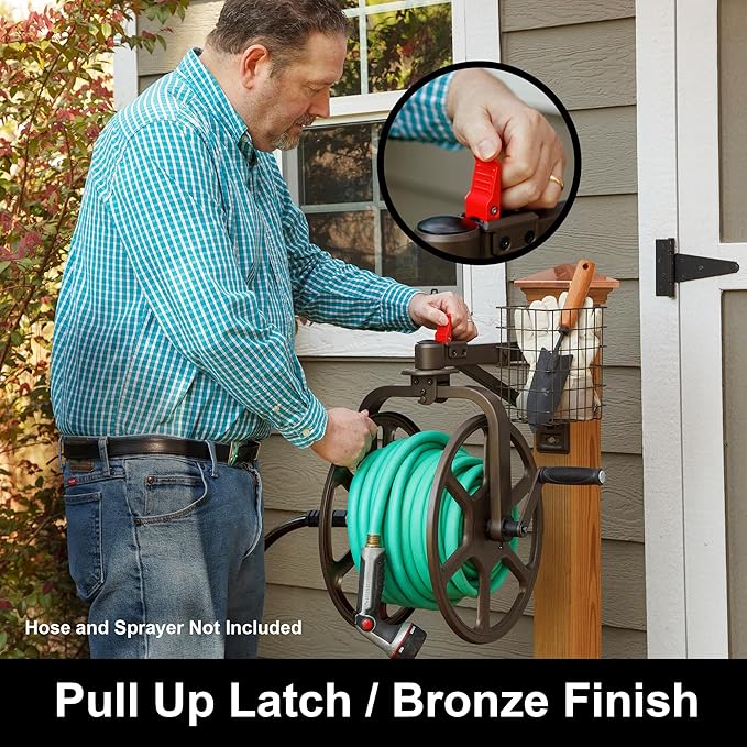 Liberty Garden Single Arm Navigator Hose Reel with Pull Up Latch, Bronze