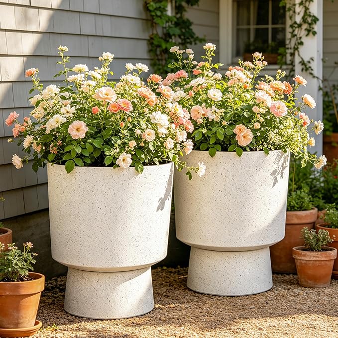 2-Pack 16.75" White Terrazzo Urn Planters with Detachable Bases | Set of 2 PP urn planters with white terrazzo finish, detachable bases, drainage plugs, and UV-treated surface for porch