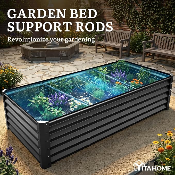 YITAHOME 8x4x1.5 ft Galvanized Raised Garden Bed Kit, Large Metal Planter Box with Gloves, Safety Rubber & Support Rod, Outdoor Flower Bed for Plants Vegetables, Black