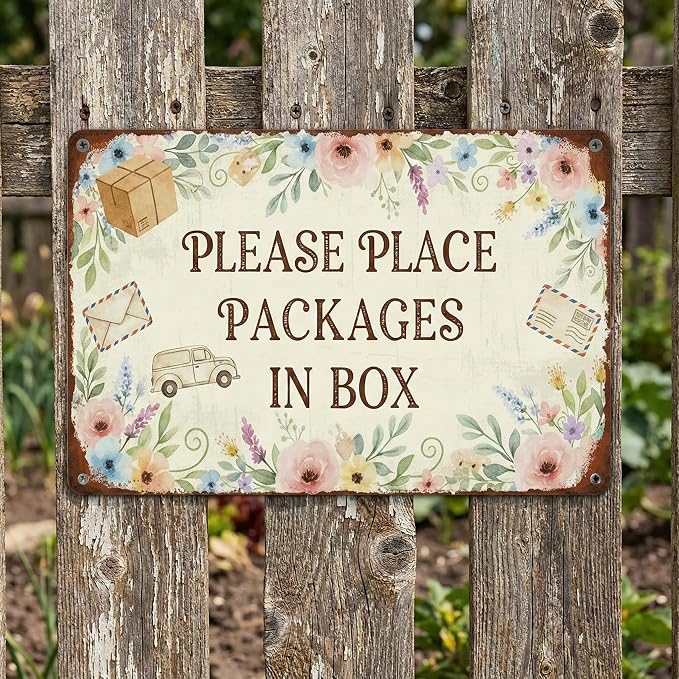 Garden Decor Delivery Sign Please Place Packages in Box Porch Decor | Homeowners • Front Door Display • Garden Theme • Floral Rustic Style • UV Printed • 8x12 Inch