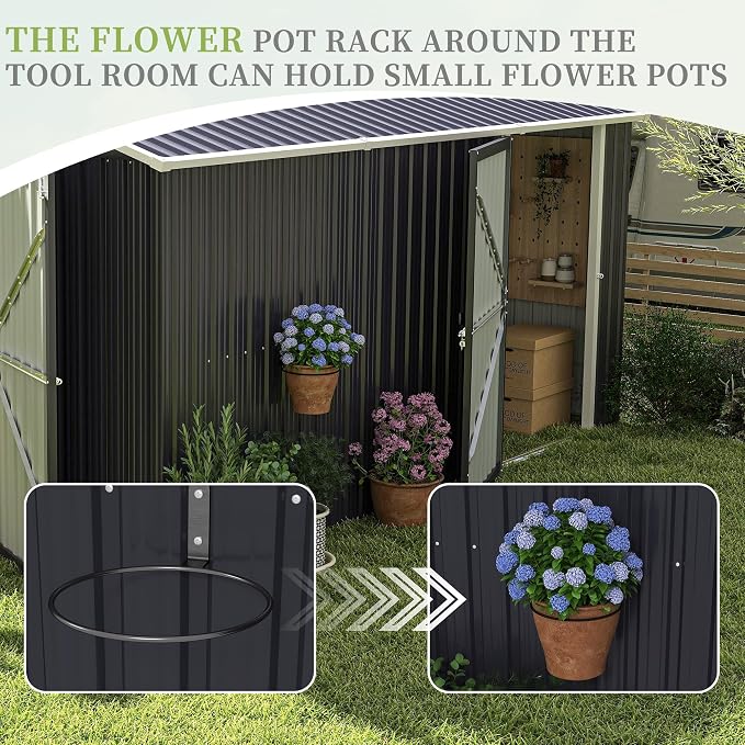 YOPTO 12X10 FT Metal Outdoor Storage Shed W/Flower Pot Stand,Dark Gray | 3 Lockable Doors,Air Vent,Sloped Roof,Reinforced Structure,Waterproof Outdoor Shed for Garden,Patio,Backyard,Lawn