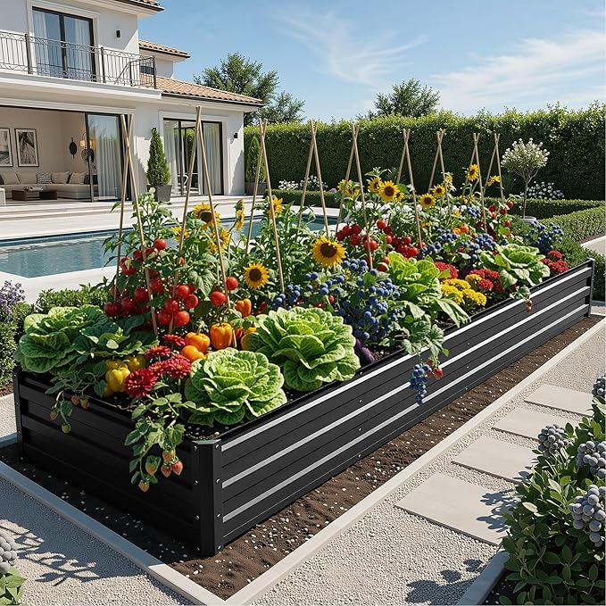 YITAHOME 12x4x1ft Galvanized Raised Garden Bed, Metal Planter Box with Safety Rubber, Gloves, Outdoor Flower Bed for Planting Plants Vegetables, Black
