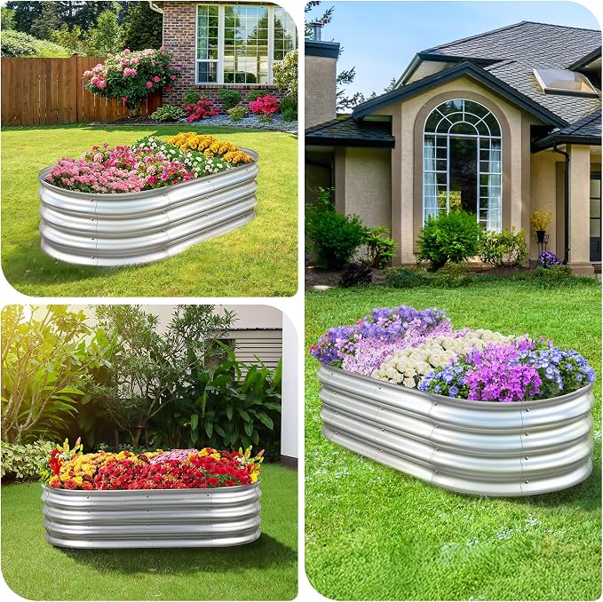 Sponvatt Raised Garden Bed - Outdoor Galvanized Raised Garden Bed Planter Boxes, Large Oval Metal for Gardening Planter Box Kit,Suitable for Vegetables,Herbs, and Flowers Silver (4x2x1Ft)