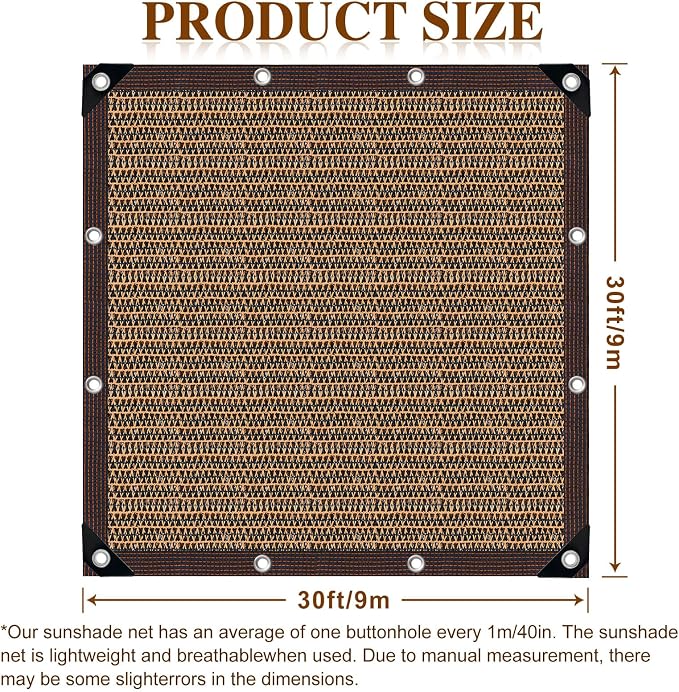 Shade Cloth,80% Sunblock Net with Metal Grommets and Reinforced Edges,Garden Sun Shade Netting,Used in Courtyards,Balconies,Carports,Greenhouse, Plants Growing,Chicken Coop Patios etc.30x30FT