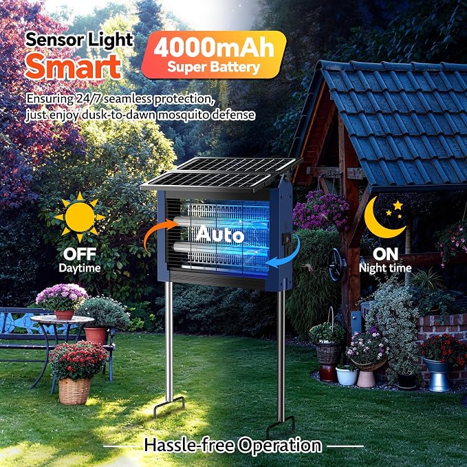 Solar Bug Zapper Outdoor, Dual Solar Panels, 4500V Waterproof Portable Mosquito Zappers, Cordless Fly Trap w/Auto Mode, Rechargeable Mosquitoes Insect Killer for Patio Yard Camping Garage (Blue)