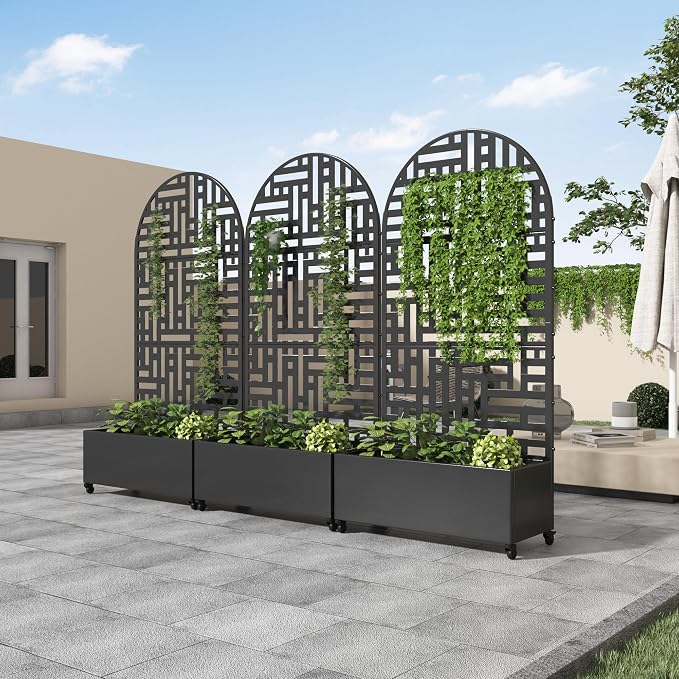 Casaphoria Metal Raised Garden Bed with Trellis and Wheels, 72"x35"x16" Arched Planter Box for Climbing Plants, Vegetables & Vines, Features Drainage Holes and Privacy Screen (Black-Helen)