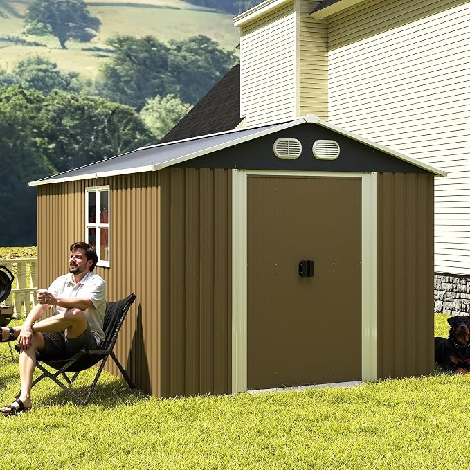 YOPTO 8x12 FT Outdoor Storage Shed, Metal Garden Shed with Window, Lockable Door & Sloped Roof, Large Waterproof Utility Tool Shed for Backyard, Garden, Patio, Lawn, Brown