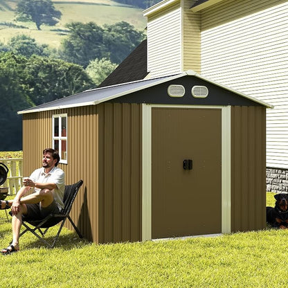 YOPTO 8x12 FT Outdoor Storage Shed, Metal Garden Shed with Window, Lockable Door & Sloped Roof, Large Waterproof Utility Tool Shed for Backyard, Garden, Patio, Lawn, Brown