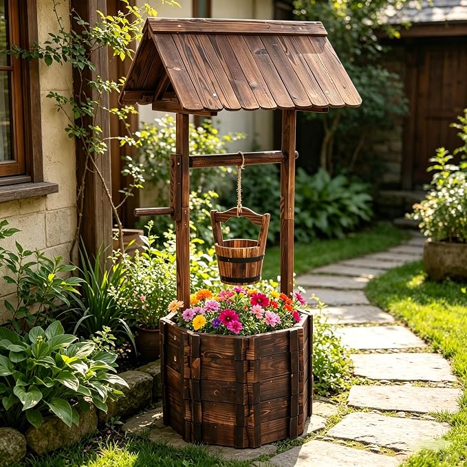 Wishing Well for Outside - Garden Wooden Decor Rustic Wishing Well Flower Pots, Height Adjustable Hanging Plant Pots with 2 Reinforced Rods for Patio Lawn Backyard Home Planters (Brown)