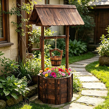 Wishing Well for Outside - Garden Wooden Decor Rustic Wishing Well Flower Pots, Height Adjustable Hanging Plant Pots with 2 Reinforced Rods for Patio Lawn Backyard Home Planters (Brown)