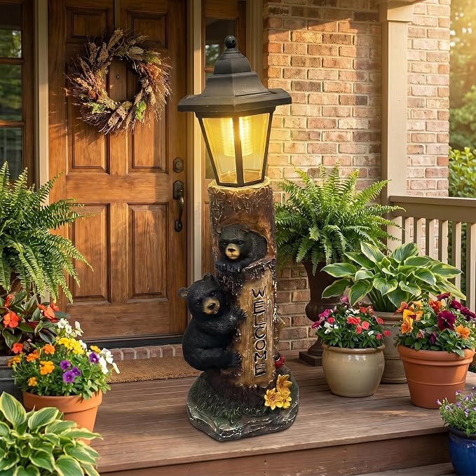 Brown Bear Statue for Garden with Solar Lights, 19 Inch Resin Bear Cubs Welcome Sign Outdoor Decor, Solar Powered Auto On/Off LED, Weather Resistant Yard Lawn Patio Cabin Figurine