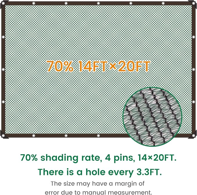 Shade Cloth, 14FT X 20FT 70% Green Outdoor Woven Sun Shade with Grommets, Durable Breathable Netting Shading Antifreezing for Patio, Garden, DIY Home, Plants Cover, Greenhouse, Dog Kennel