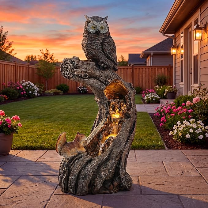 32" H Owl Tree Trunk Outdoor Fountain with Warm LED Lights | Forest Style 4-Tiers Water Feature with Soothing Cascading Waterfall for Patio, Backyard, Garden or Porch