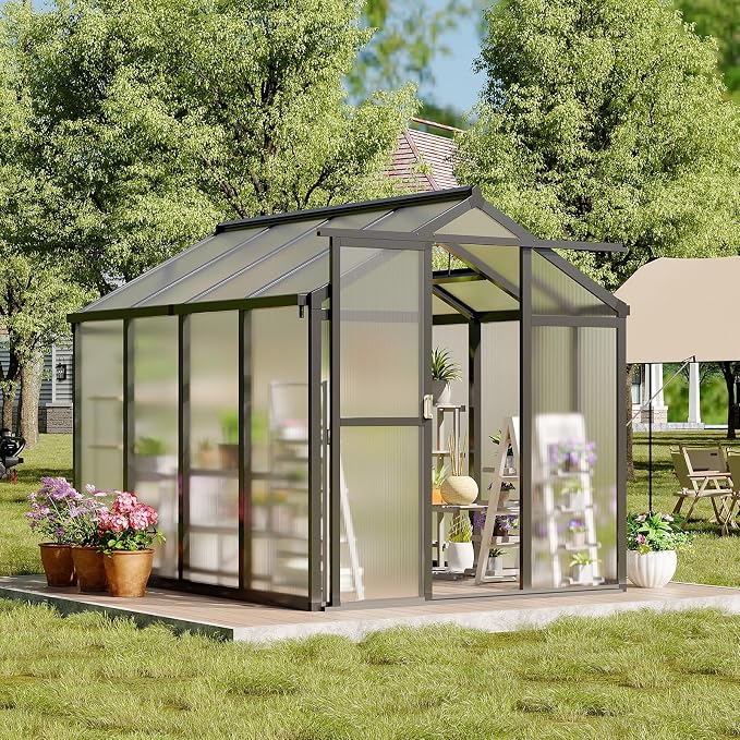 6x8 FT Greenhouse, Outdoor Sliding Door, Polycarbonate Greenhouse with Aluminum Frame, Lockable Door and Ajustable Roof Vent for Backyard, Outside Garden Backyard, Patio, Black