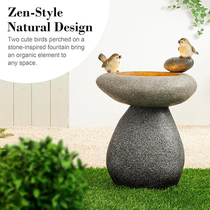 Glitzhome 20.75" H Water Fountain with LED Light and Pump, Zen Style Faux Stone Texture Birdbath Outdoor Fountains with Birds Decor, Floor Fountain for Porch Deck Patio Backyard