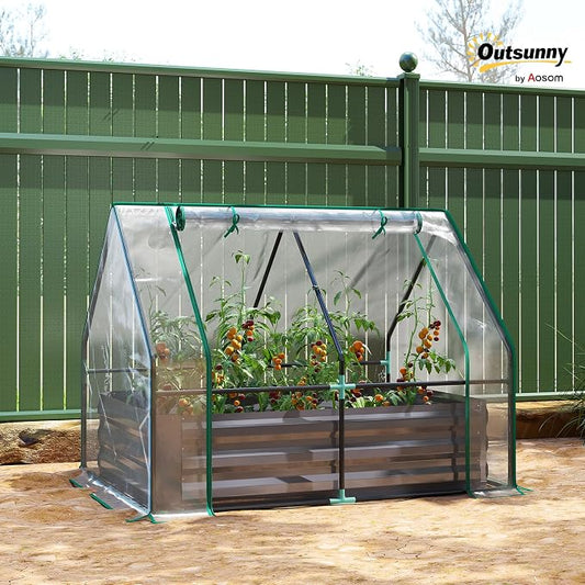 Outsunny 4 x 3 x 1ft Raised Garden Bed with Mini Greenhouse, Galvanized Raised Garden Bed with Cover for Herbs and Vegetables, Small Greenhouse for Patio Garden Balcony, Clear and Dark Gray