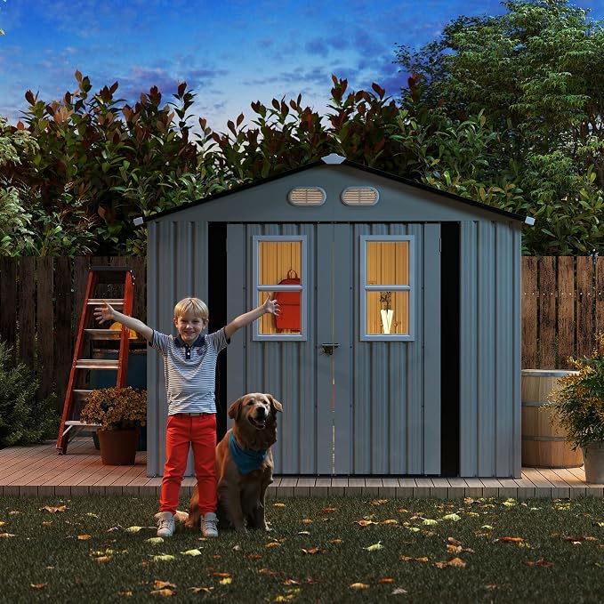 KEIKI 8x8 Outdoor Storage Shed, Metal Garden Shed with 4 Windows and Lockable Doors, Heavy Duty Steel Storage House for Backyard Patio Lawn, Bike Storage, Tool Room, Pet Shelter, White