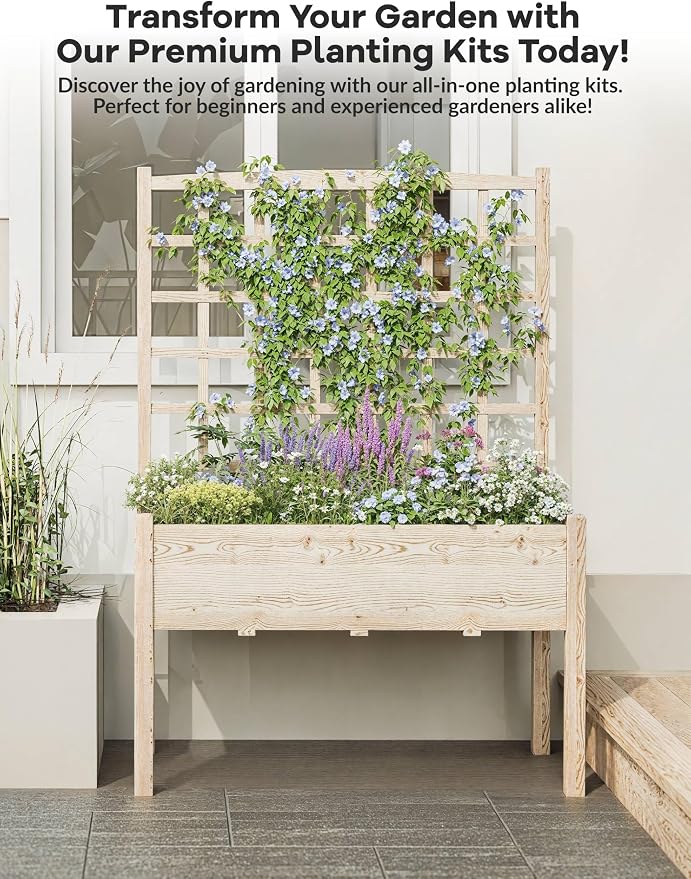 Garvee Wooden Raised Garden Bed with Trellis, 46.46x23.23x65.35IN Elevated Planter Box with Legs for Climbing Plants, Vegetables & Flowers