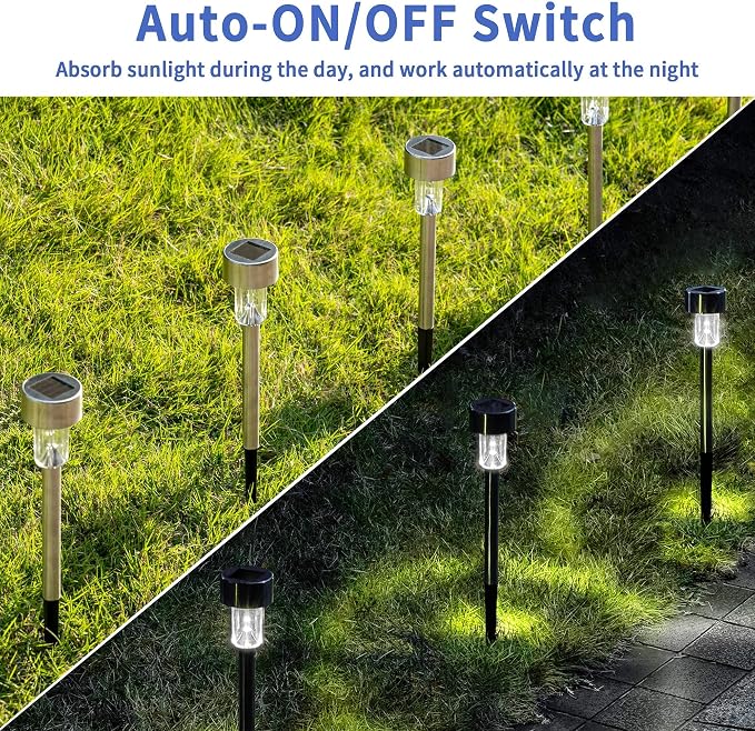 GIGALUMI Solar Pathway Lights, Stainless Steel IP44 Waterproof Auto On/Off Outdoor LED Solar Landscape Lights for Garden, Yard, Patio, Path and Walkway(12 Pack, Cold White)
