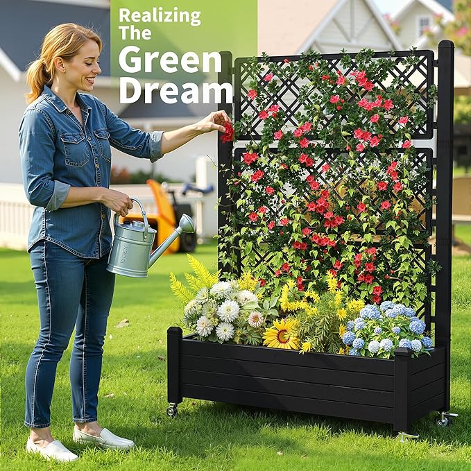 PatioZen Raised Garden Bed with Trellis, 21 Gallon Self Watering Planter Box with Lockable Wheels & Drainage Holes for Climbing Plants Vegetables Flowers, Anti-Rust Resin for Backyard Patio (Black)