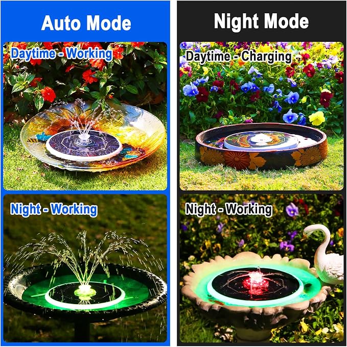 AISITIN 6.5W Solar Fountain for Bird Bath with 3000mAh Battery & Color Changing LED Light, 4 Anti-drift Brackets & 8 Nozzles, Solar Powered Bird Bath Fountain for Garden, Backyard, Fish Tank and Patio