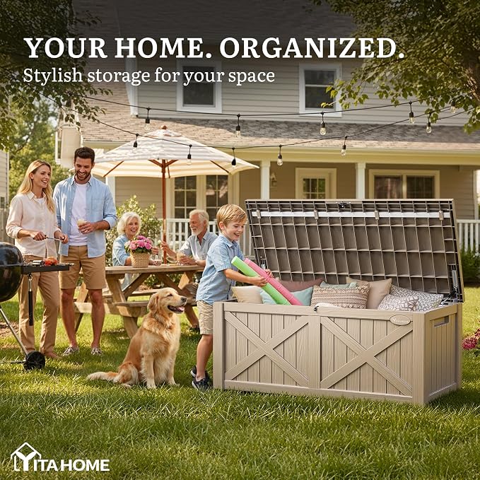 YITAHOME 150 Gallon Large Deck Box with X-Shaped Front | Resin Outdoor Storage Boxes, Waterproof Cushion Storage Bench for Patio, Pool Supplies, Garden Tools - Lockable, Taupe