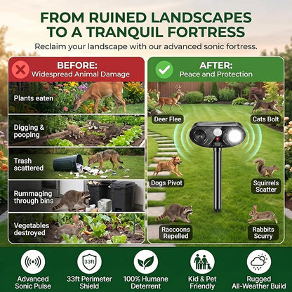 2026 Upgraded Solar Ultrasonic Animal Repellent Deer Cat Squirrel Deterrent Devices Motion Activated with LED Strobe Light Repeller Keep Dog Raccoon Skunk Rabbit Away from Yard Garden Farm 4 Pack