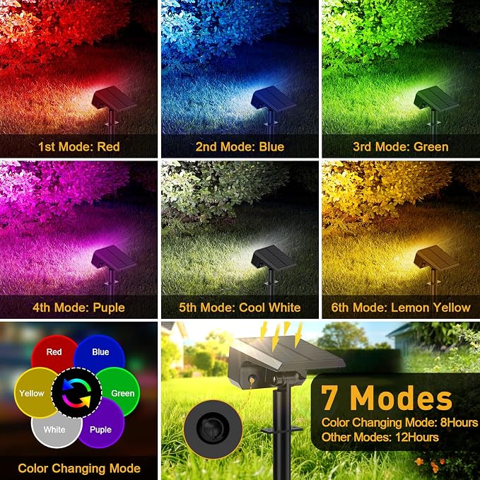 Solar Color Changing Spot Lights Outdoor, 8 Pack Solar Landscape Lights with 32 LEDs Each, 7 Lighting Modes, IP65 Waterproof, 2-in-1 Adjustable Solar Spotlights for Yard Garden Pathway Driveway