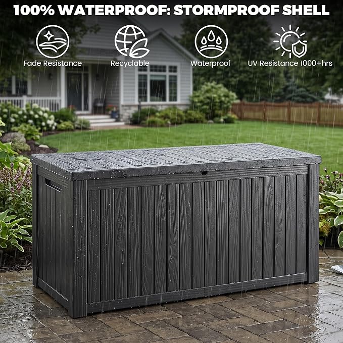 Outdoor Storage Box, 200 Gallon Waterproof Deck Box [Upgraded 3.1], Large Resin Storage with Hydraulic Lifts for King Cushions, Heavy Duty Lockable Bench Seat, Pool Deck, Black