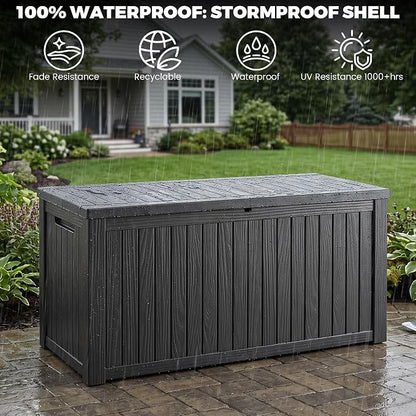 Outdoor Storage Box, 200 Gallon Waterproof Deck Box [Upgraded 3.1], Large Resin Storage with Hydraulic Lifts for King Cushions, Heavy Duty Lockable Bench Seat, Pool Deck, Black