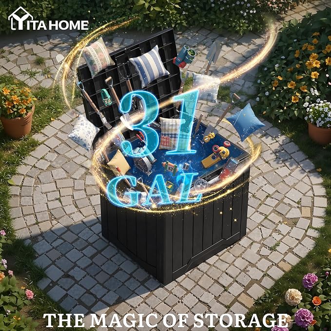 YITAHOME 31 Gallon Deck Boxes Set of 2 | Lockable Outdoor Storage Bins with Silver Decorative PVC Trim Panels for Patio Cushions, Garden Tools, Weather-Resistant