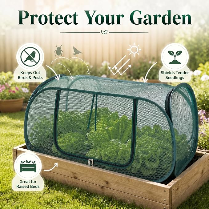 4 Pack Pop Up Mesh Plant Cover, 33% Sunblock Garden Covers for Raised Beds, Breathable Garden Netting for Raised Beds with 16 Stakes for Protecting Seedlings Fruits(44 x 22 x 17.5 in)