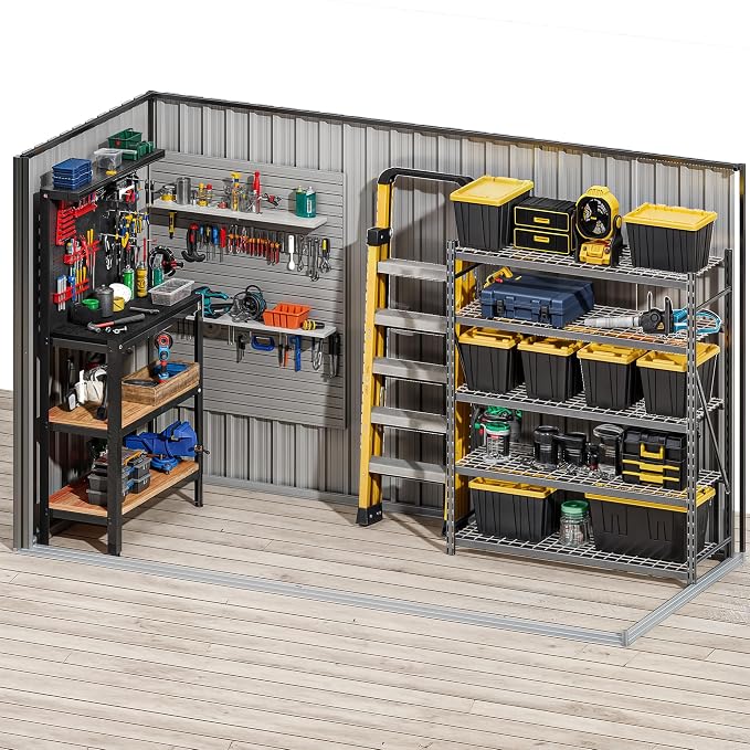 DWVO 9' x 4' Outdoor Storage Shed, Lockable Double Doors, Sloped Roof, Heavy-Duty Steel Shed for Garden & Patio, Large Backyard Tool Organizer, Dark Gray