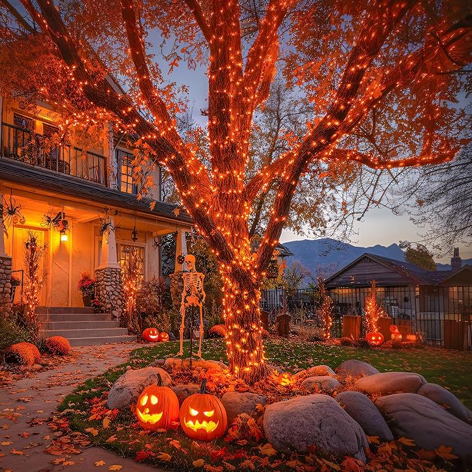 JMEXSUSS 600 LED Solar Halloween Lights, 206.7ft Solar String Lights Orange | Halloween Lights Outdoor Waterproof, 8 Modes Orange Halloween Lights for Outside Tree Patio Yard Halloween Decorations