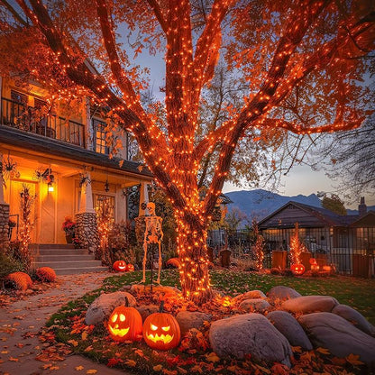 JMEXSUSS 600 LED Solar Halloween Lights, 206.7ft Solar String Lights Orange | Halloween Lights Outdoor Waterproof, 8 Modes Orange Halloween Lights for Outside Tree Patio Yard Halloween Decorations