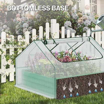 Aoodor 4 x 4 x 1 ft Galvanized Raised Garden Bed, Mini Greenhouse Kit with 2 Roll-up Zipper Doors for Vegetables, Flowers, and Herbs, White