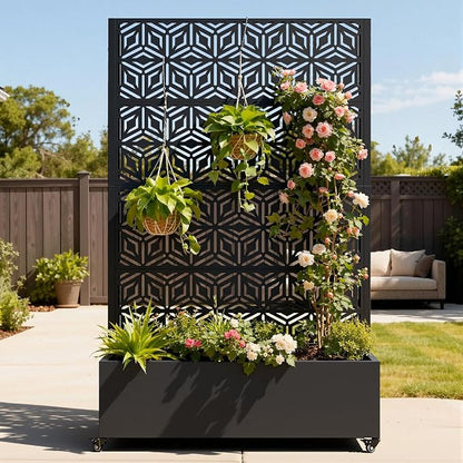 Metal Planter Box with Trellis, Galvanized Steel Raised Garden Bed with Privacy Screen, Lockable Casters, 73"x47"x16" Planter with Drainage Holes for Outdoor Climbing Plants, Vegetables, Patio