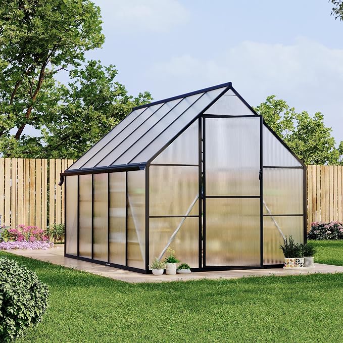 GarveeLife 8'x10' Aluminum-Framed Polycarbonate Greenhouse, Heavy Duty Polycarbonate Greenhouse with Quick Setup Structure and Roof Vent, Large Enhanced Aluminum Green House Kit for Outdoors