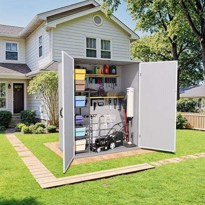 Greesum 5X3FT Plastic Storage Shed with Floor, Resin Outdoor Storaged Shed with Lockable Door, Easy Assembly All-Weather Tool Sheds for Yard, Patio, Garden, Light Gray (4.7×2.5FT)