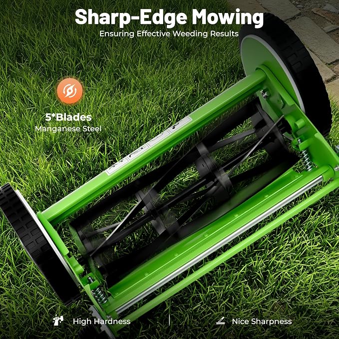 Manual Reel Lawn Mower, 16 Inch 5-Blade Cordless Push Mower with Adjustable Cutting Height and Grass Catcher for Yard, Garden