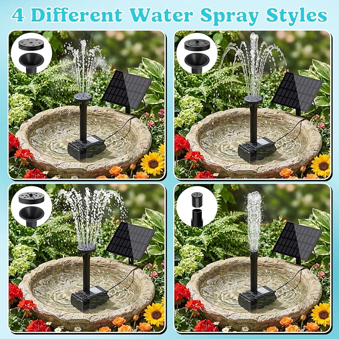 Solar Powered Fountain Pump, DIY Solar Water Pump Kit with 9.84FT Power Cord & 4 Nozzles, 2W Solar Fountain for Bird Bath, Patio, Garden, Small Pond