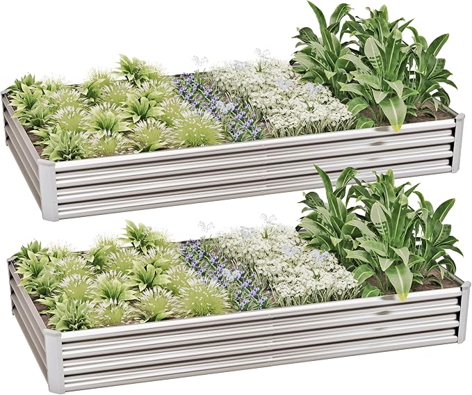 8x4x1ft (2 Pack) Raised Garden Bed Kit, Galvanized Planter Box Outdoor, Metal Raised Garden Beds for Flower,Vegetables, Herb,Silver