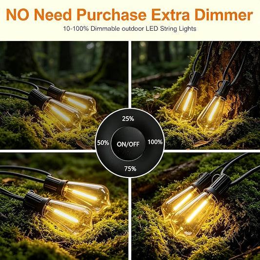 50FT Outdoor String Lights with Remote, Garden Patio Decor with 2500K Warm White, 25+1 LED Edison Bulbs, Support Timer Dimmable Waterproof Shatterproof for Yard Outside Porch Deck Indoor (24V)