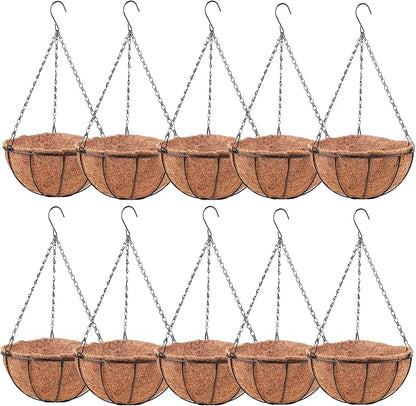 LaLaGreen Hanging Baskets for Plants (10 Pack, 10 Inch) Hanging Planter Outdoor with Coco Liner, Metal Wire Flower Basket Pots Holder Hanger Hook Deck Patio Porch Garden Balcony Outside Decoration
